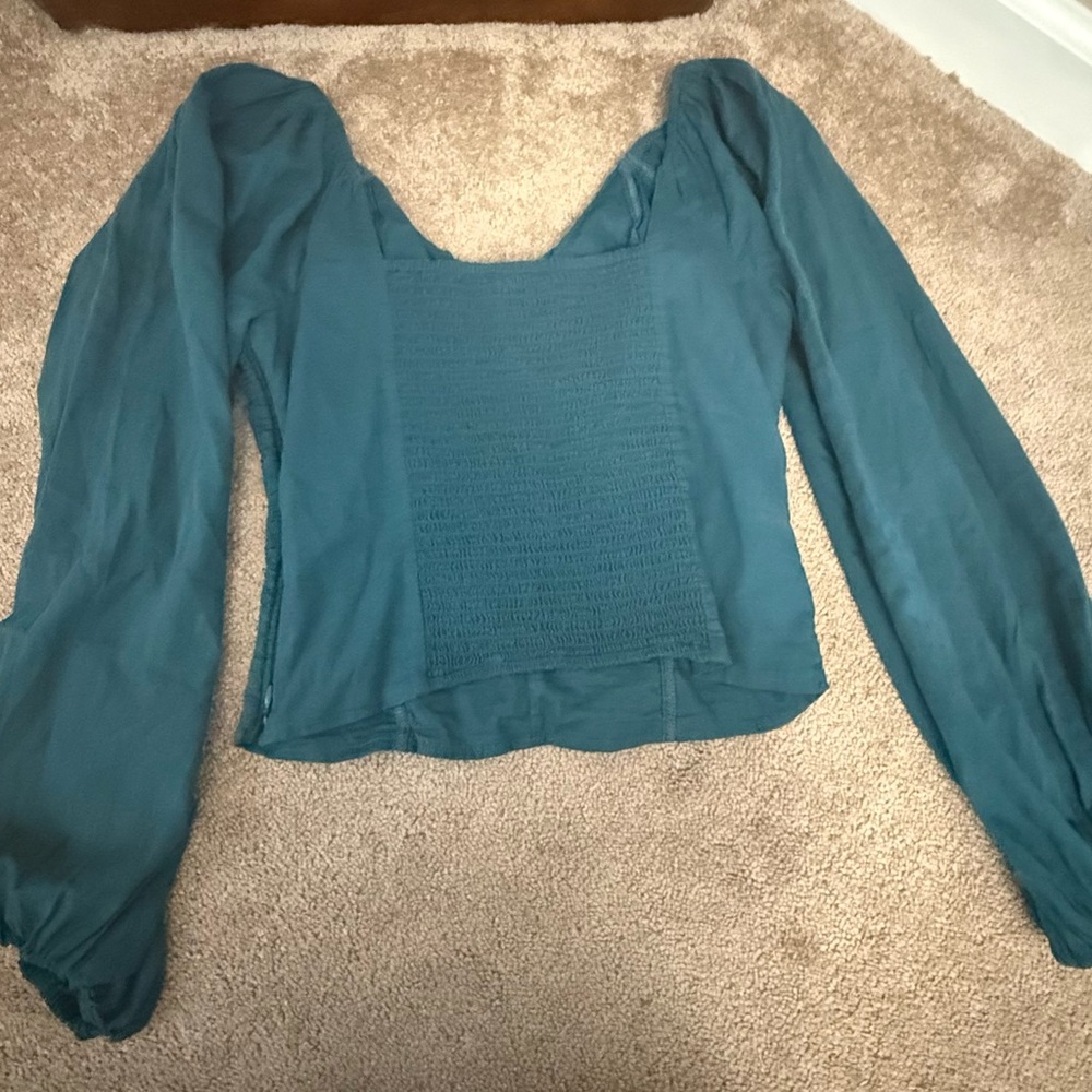 Abercrombie & Fitch Women’s Teal Ruched V-Neck Long Sleeve Top - Picture 3 of 5